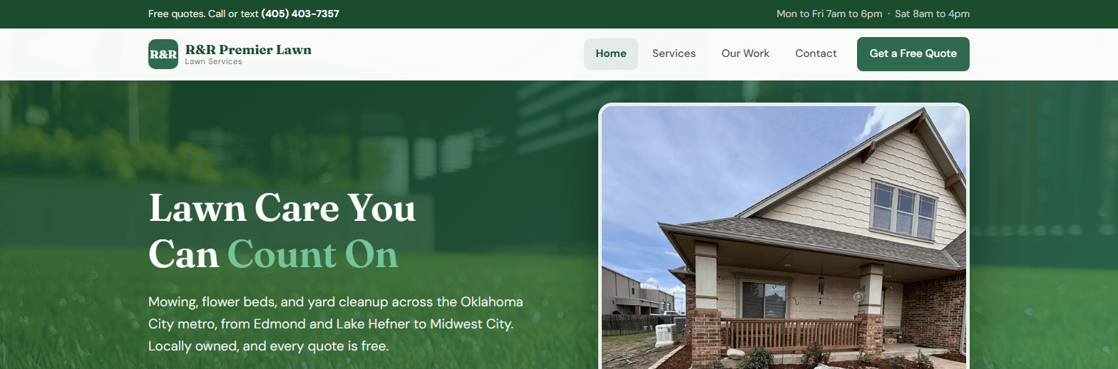 Homepage of the R&R Premier Lawn Services website. A green hero reading 'Lawn Care You Can Count On' over a grass background sits beside a photo of a landscaped flower bed in front of a house.